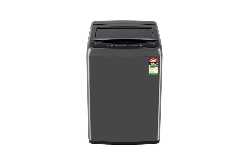 Front view of LG 8 Kg Top Load Washing Machine with Smart Inverter Motor, TurboDrum, Middle Black, 5 Star T80VBMB1Z