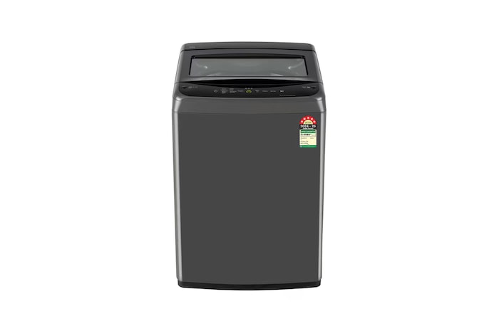 Front view of LG T80VBMB4Z 8 kg Top Load Washing Machine displaying control panel, lid, and exterior design.