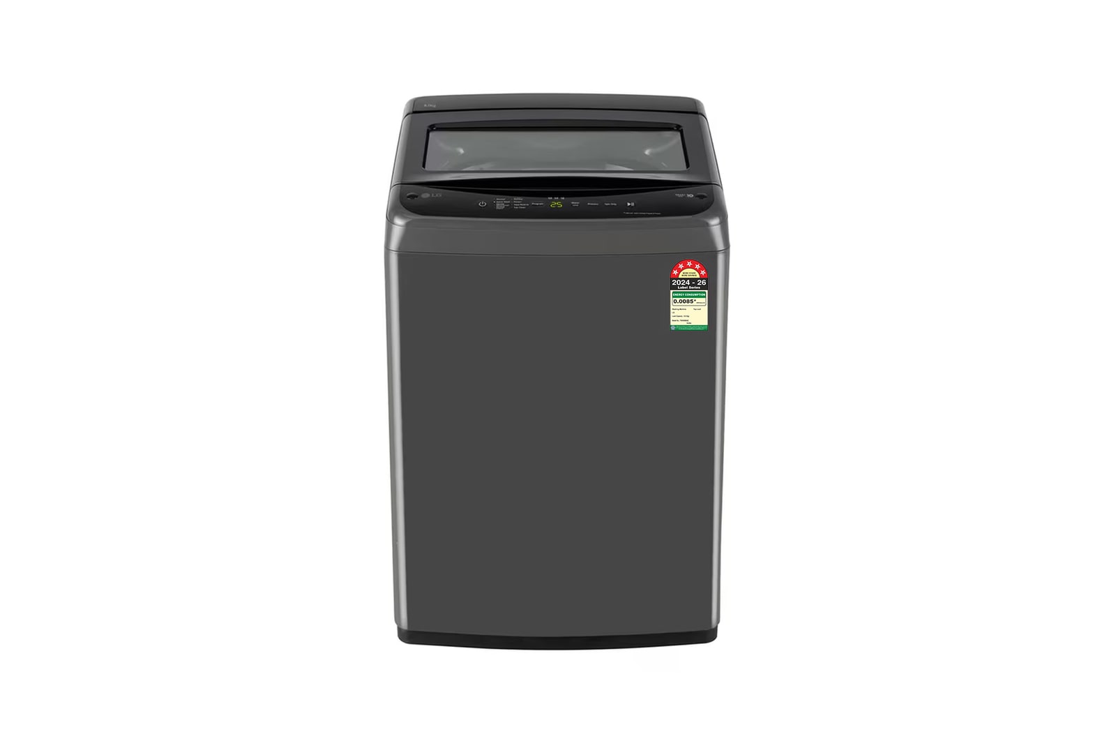 Front view of LG 8 Kg Top Load Washing Machine with Smart Inverter Motor, TurboDrum, Middle Black, 5 Star T80VBMB4Z