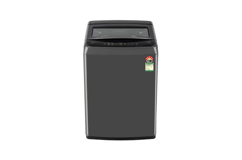 Front view of LG 8 Kg Top Load Washing Machine with Smart Inverter Motor, TurboDrum, Middle Black, 5 Star T80VBMB4Z