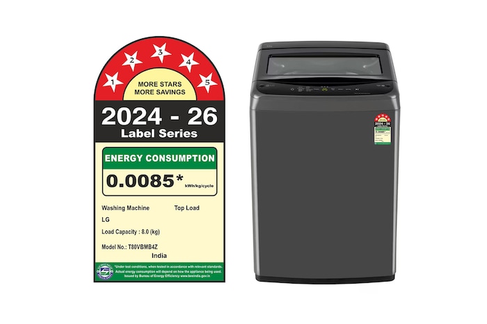 Front view of LG T80VBMB4Z 8 kg Top Load Washing Machine displaying control panel, lid, and exterior design.