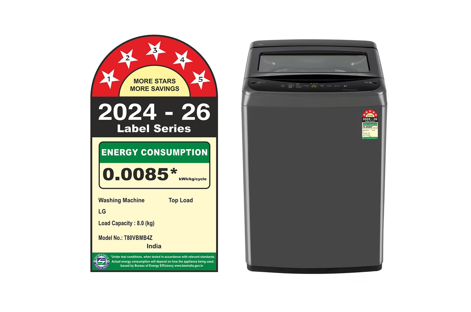 Front view of LG T80VBMB4Z 8 kg Top Load Washing Machine displaying control panel, lid, and exterior design.
