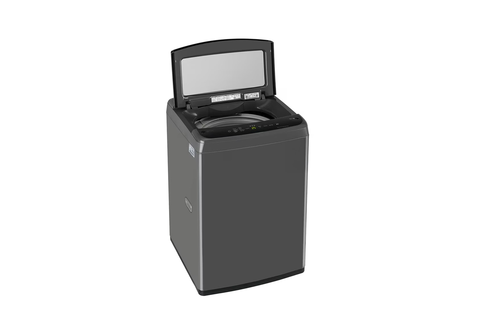 Right-Side angled view LG T80VBMB4Z 8 kg Top Load Washing Machine with lid open showing drum interior