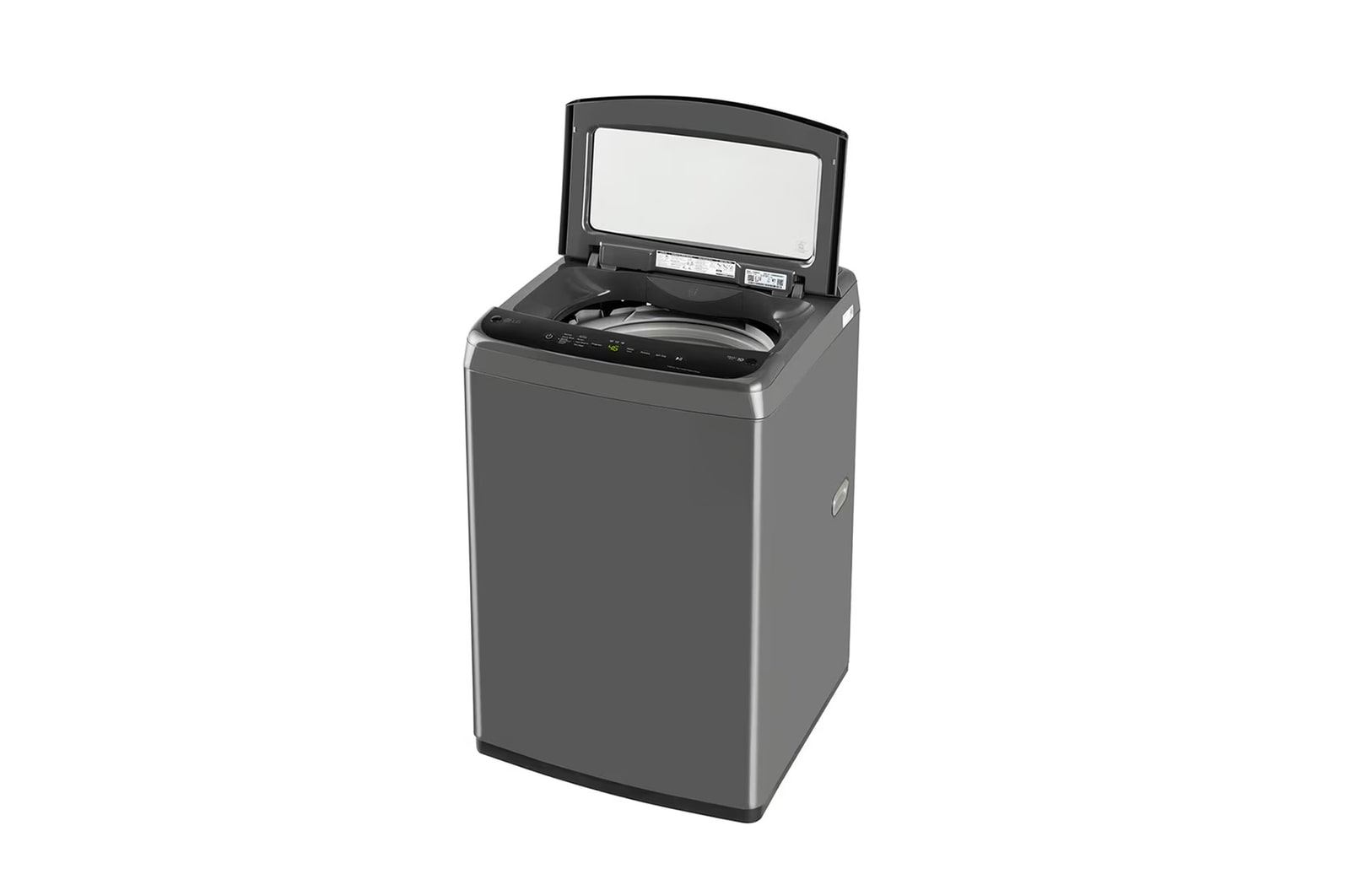 Left side angled view LG T80VBMB4Z 8 kg Top Load Washing Machine with lid open showing drum interior