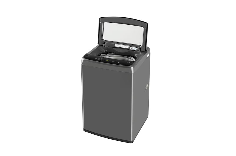 Left side angled view LG T80VBMB4Z 8 kg Top Load Washing Machine with lid open showing drum interior