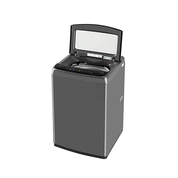 Left side angled view LG T80VBMB4Z 8 kg Top Load Washing Machine with lid open showing drum interior