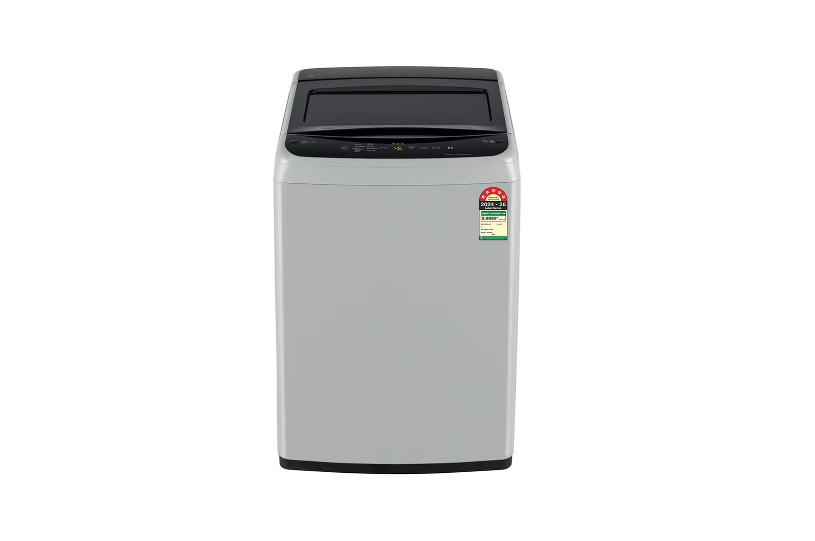 Front view of LG 8Kg Top Load Washing Machine, Smart Inverter Motor, Middle Free Silver, 5 Star T80VBSF1Z