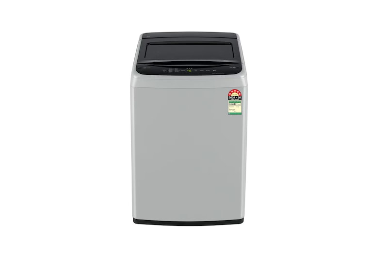 Front view of LG 8Kg Top Load Washing Machine, Smart Inverter Motor, Middle Free Silver, 5 Star T80VBSF1Z