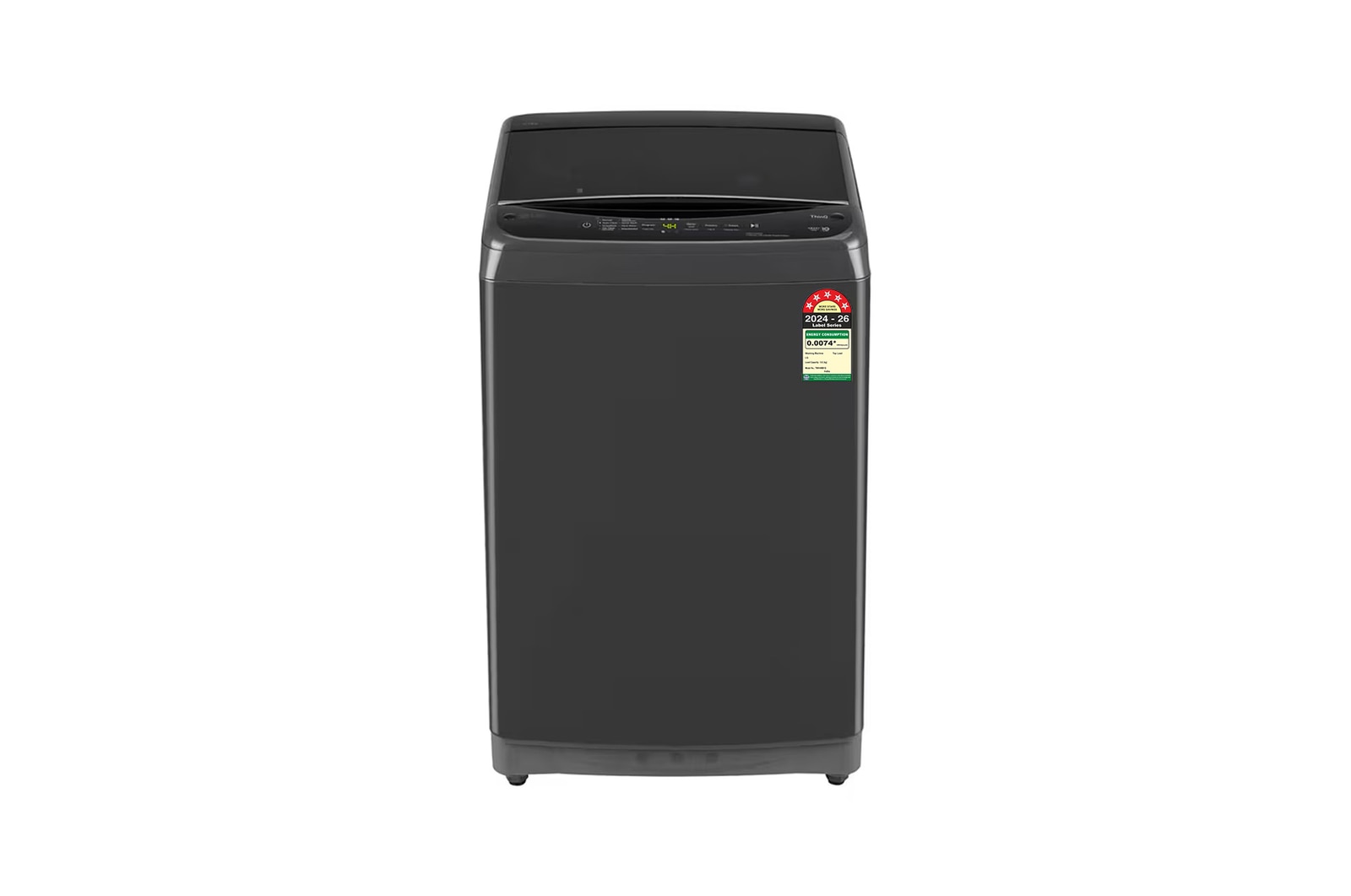 Front view of LG 9 Kg Top Load Washing Machine with Smart Inverter Motor, In-built Heater, Middle Black, 5 Star T90V4MB1S