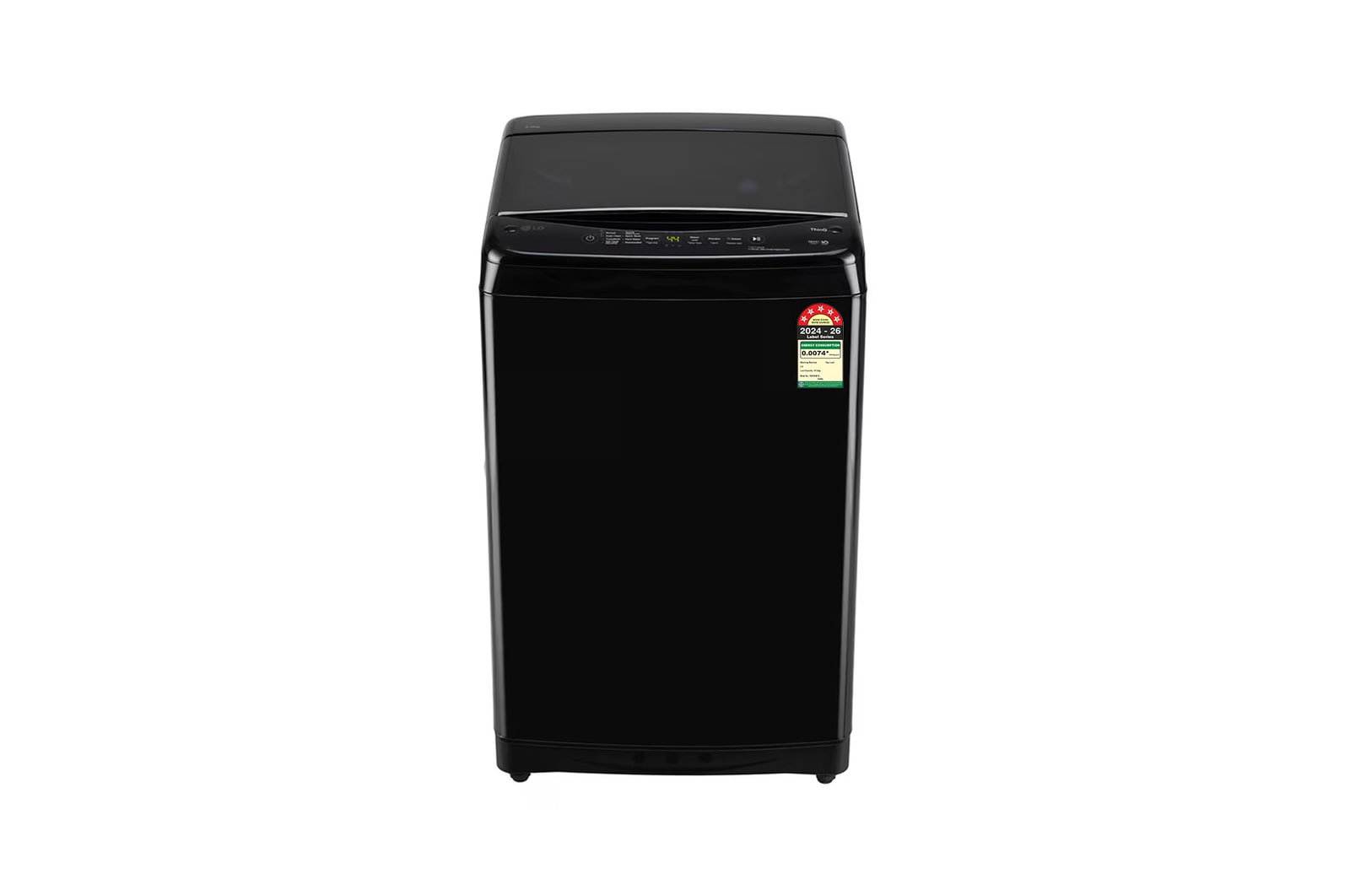Front view of LG 9Kg Top Load Washing Machine, Smart Inverter Motor, In-Built Heater, Onyx Black, 5 Star T90V4OB1S