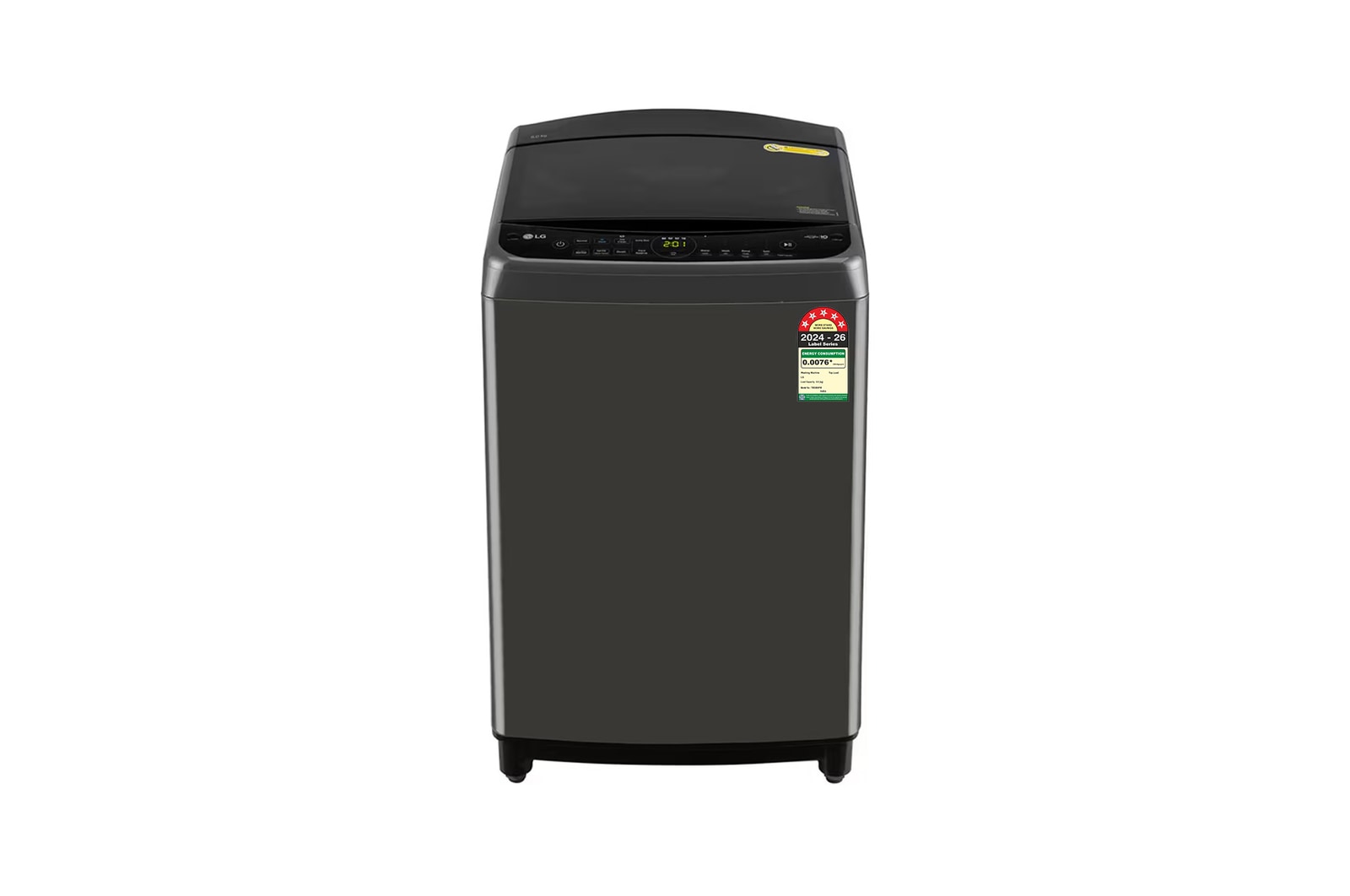 Front view of LG 8Kg Top Load Washing Machine, AI Direct Drive™, Turbodrum, Middle Black, 5 Star THD08NPM