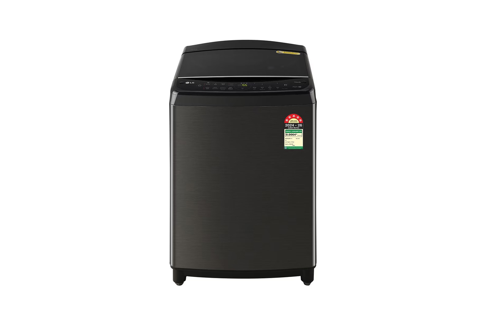 Front view of LG 10Kg Top Load Washing Machine, AI Direct Drive™, In-built Heater, Platinum Black, 5 Star THD10SWP