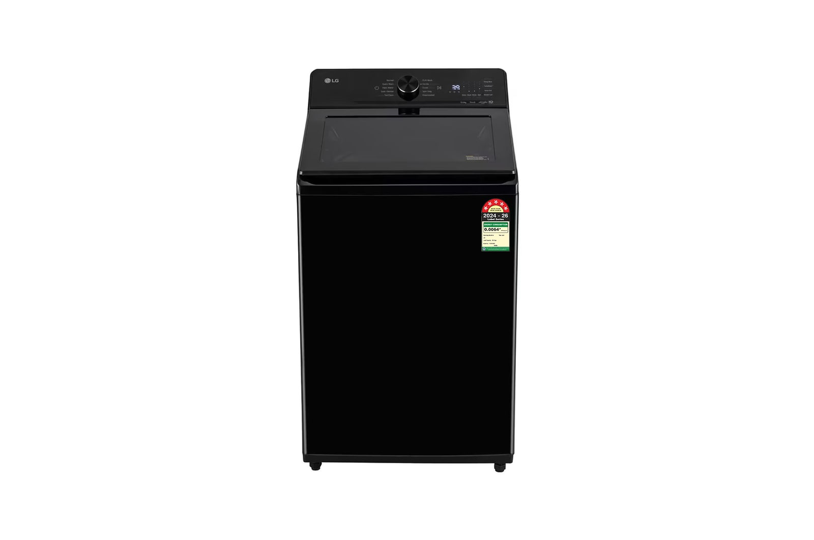 Front view of LG 10Kg Top Load Washing Machine, AI Direct Drive™, 6 Motion DD, Onyx Black, 5 Star. TX310NWO