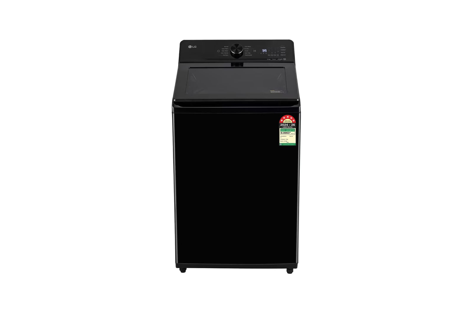 Front view of LG 11Kg Top Load Washing Machine, AI Direct Drive™, In-Built Heater, Stain Clean, Onyx Black, 5 Star TX311SWO