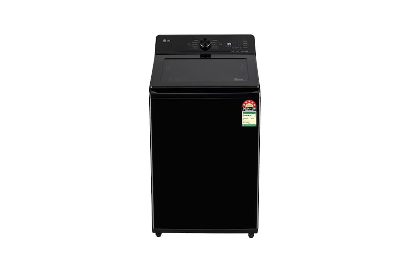 Front view of LG 11Kg Top Load Washing Machine, AI Direct Drive™, In-Built Heater, Stain Clean, Onyx Black, 5 Star TX311SWO