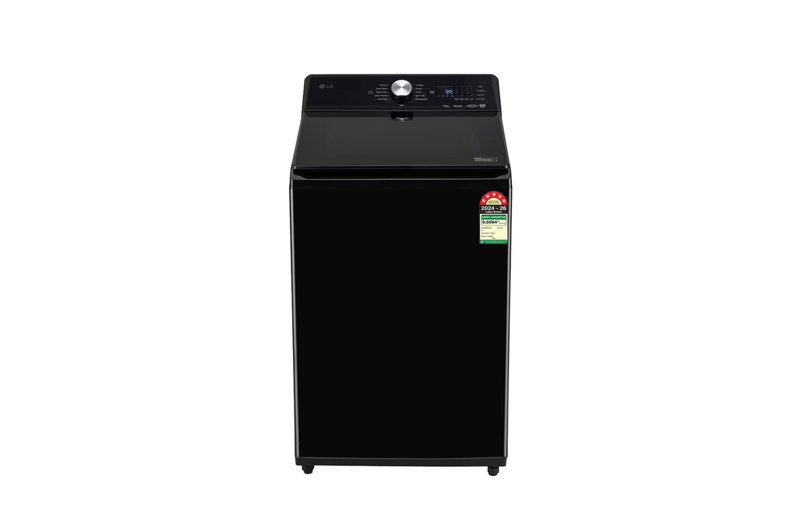 Front view of LG 10Kg Top Load Washing Machine, AI Direct Drive™, In-Built Heater, Stain Clean, Onyx Black, 5 Star TX510SWO