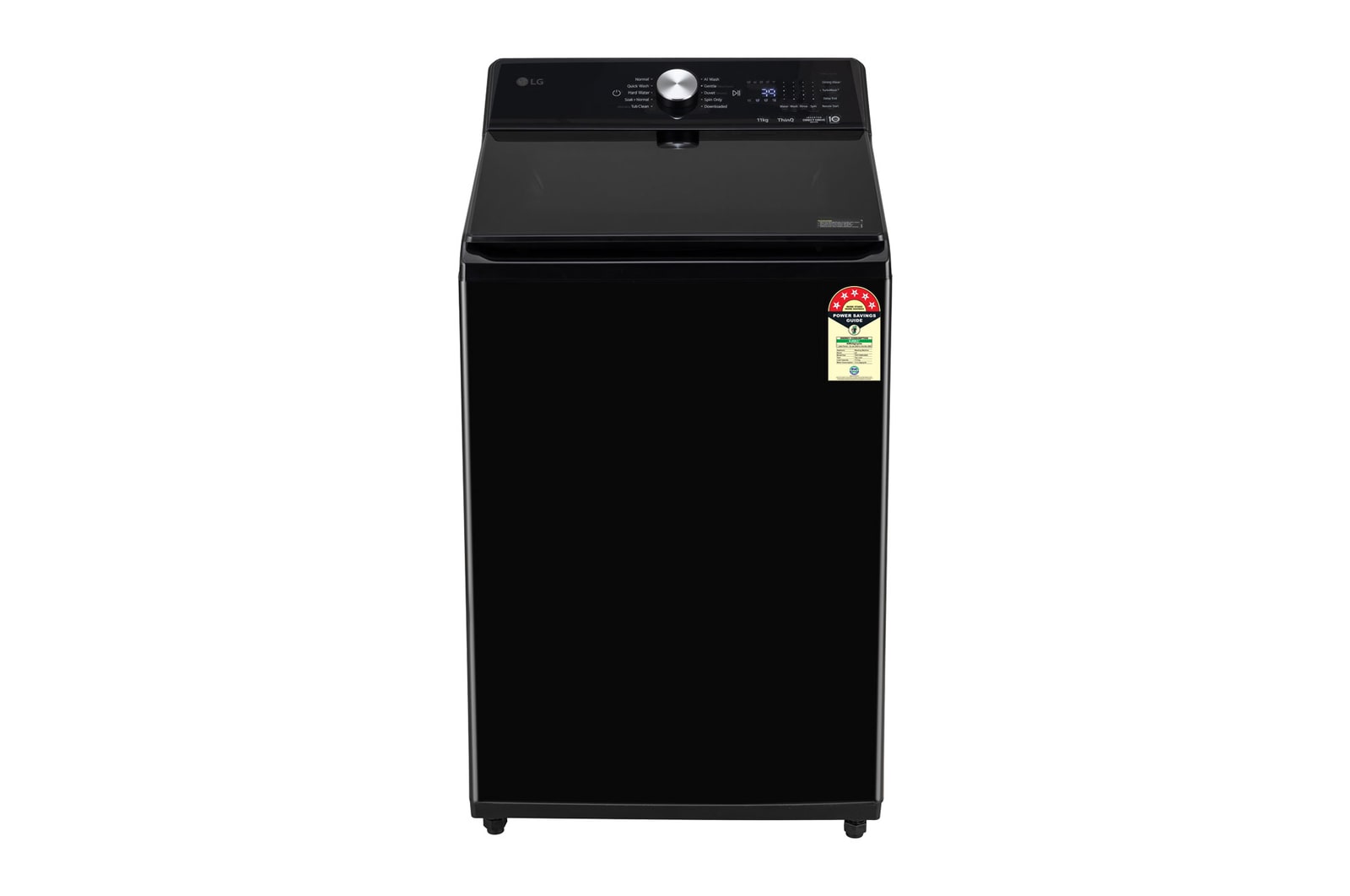 Front view of LG 11Kg Top Load Washing Machine, AI Direct Drive™, 6 Motion DD, Onyx Black, 5 Star. TX511NWO