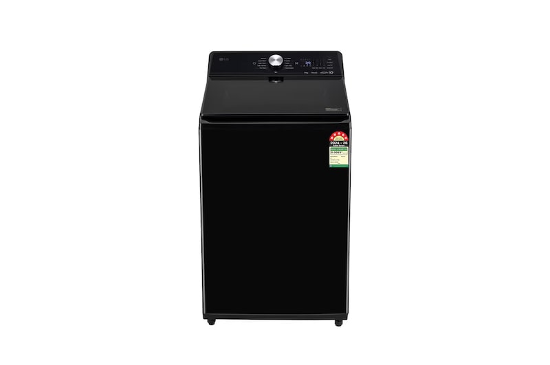 Front view of LG 11Kg Top Load Washing Machine, AI Direct Drive™, In-Built Heater, Stain Clean, Onyx Black, 5 Star TX511SWO