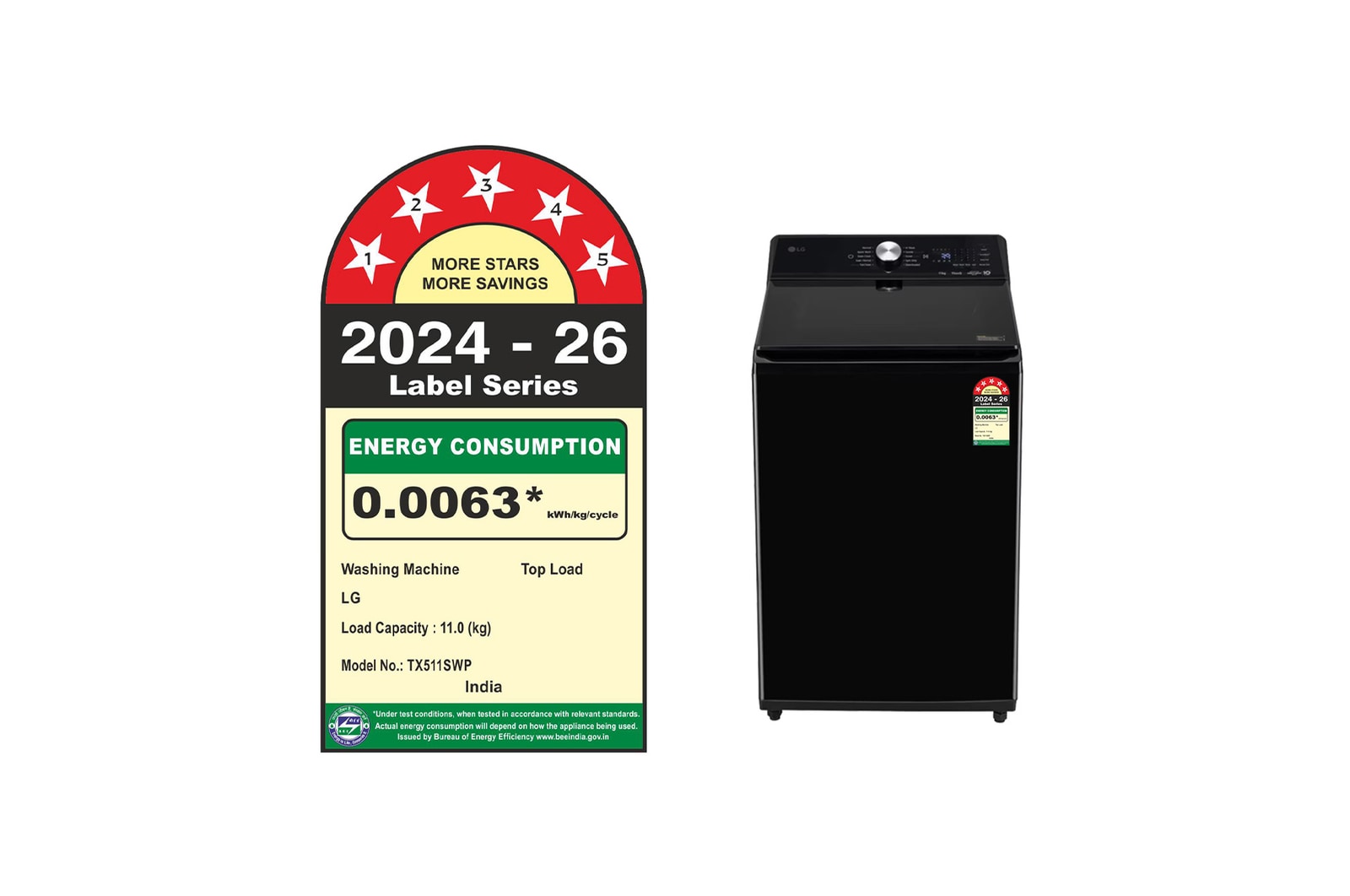 Front view of LG TX511SWP 11 kg Top Load Washing Machine with AIDD in Platnium Black showing the control panel and Lid.