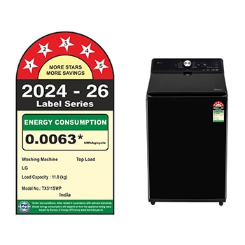 Front view of LG TX511SWP 11 kg Top Load Washing Machine with AIDD in Platnium Black showing the control panel and Lid.