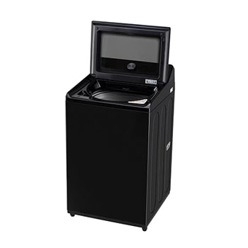 Angled view of LG TX511SWP 11 kg Top Load Washing Machine in Platinum Black, showing drum interior at at 15° with lid open