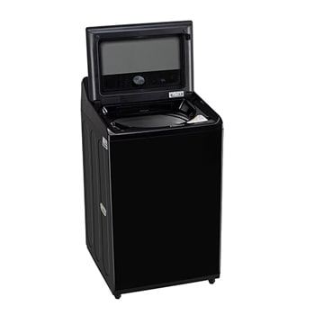 LG TX511SWP 11 kg Top Load Washing Machine with AI DD™ in Platinum Black angled -15° view showing exterior design