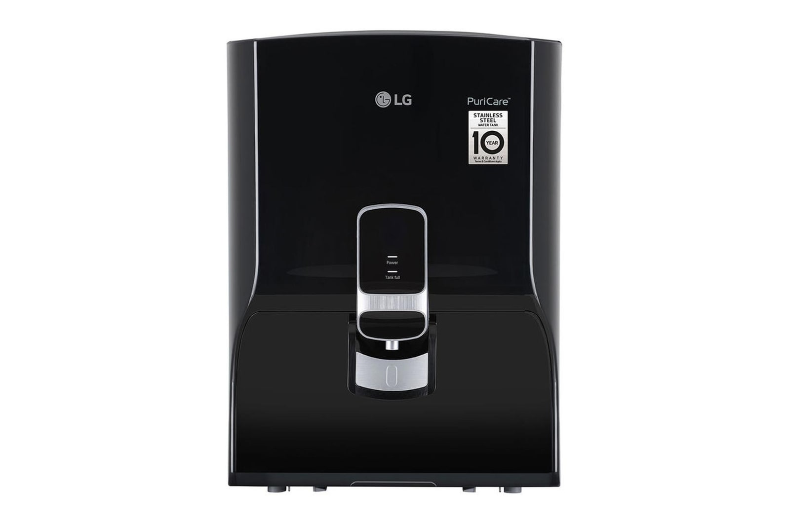 Front view of LG 8L RO + Mineral Booster Water Purifier, Stainless Steel Tank, Black WW141NF