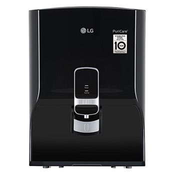 Front view of LG 8L RO + Mineral Booster Water Purifier, Stainless Steel Tank, Black WW141NF