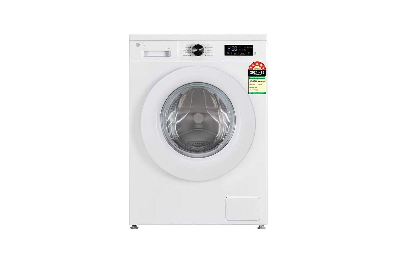 Front view of LG 7 Kg Front Load Washing Machine with Inverter Direct Drive™, Steam Wash, White, 5 Star FHB1207Z2W