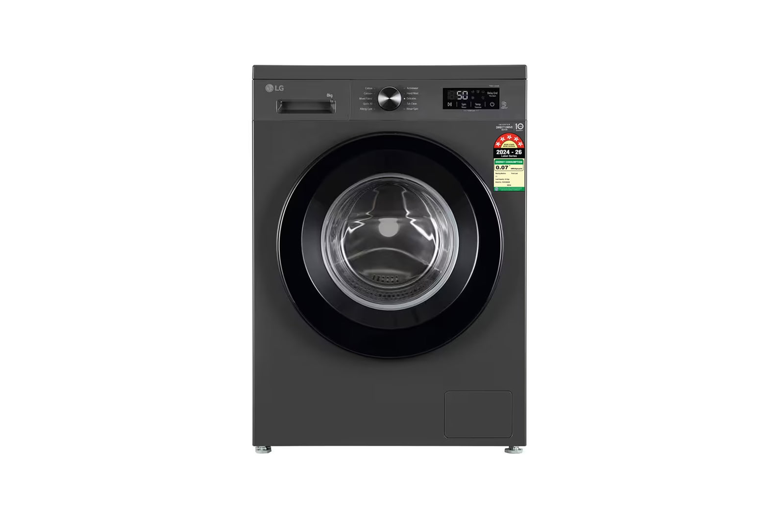 Front view of LG 8 Kg Front Load Washing Machine with Inverter Direct Drive™, Steam Wash, Middle Black, 5 Star FHB1208Z2M
