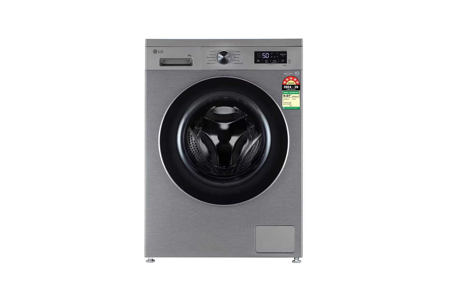 Front view of LG 8 Kg Front Load Washing Machine with AI Direct Drive™, Steam Wash, Platinum Silver, 5 Star FHB1208Z4P