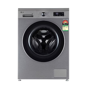 Front view of LG 8 Kg Front Load Washing Machine with AI Direct Drive™, Steam Wash, Platinum Silver, 5 Star FHB1208Z4P