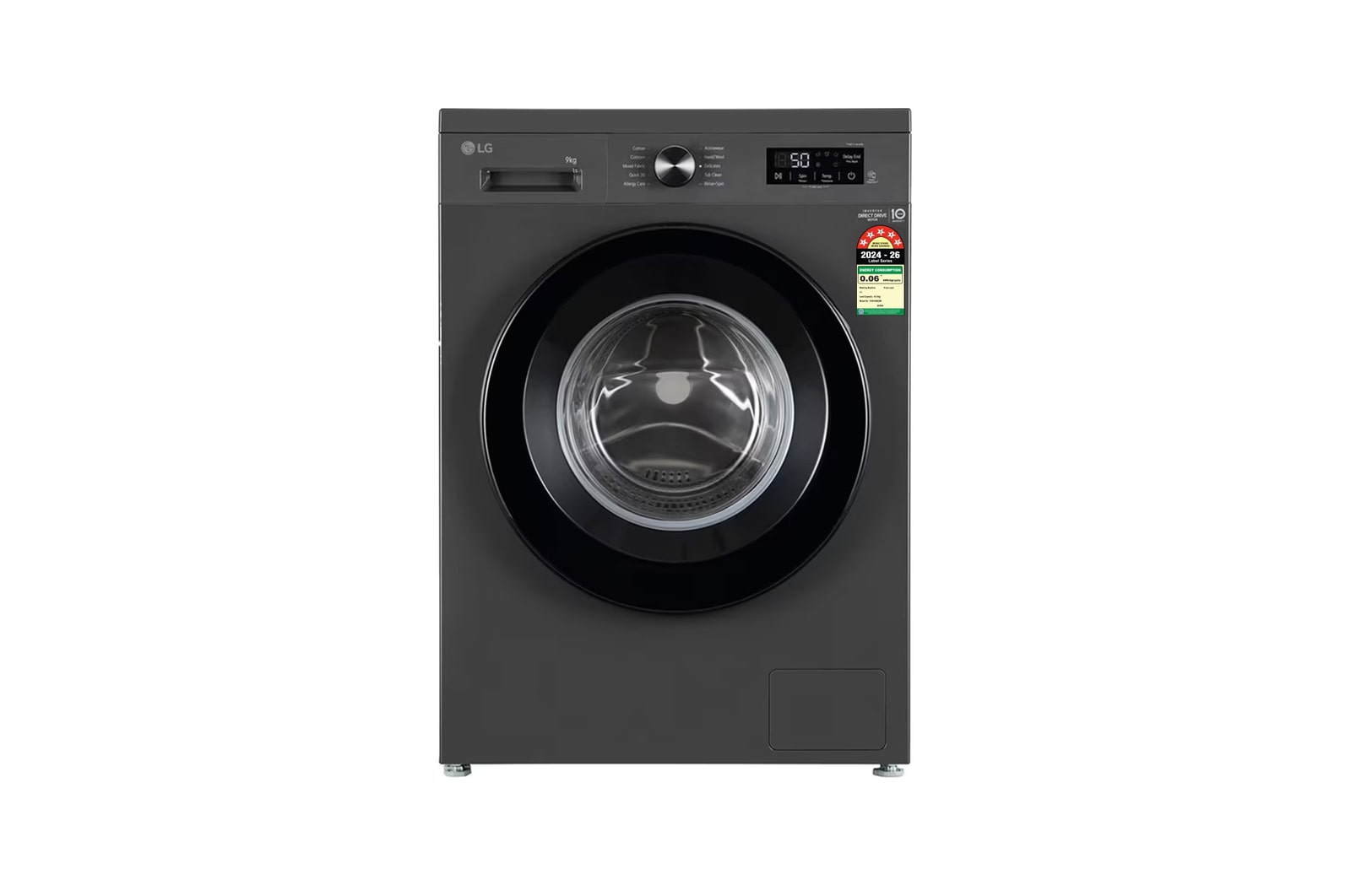 Front view of LG 9 Kg Front Load Washing Machine with Inverter Direct Drive™, Steam Wash, Middle Black, 5 Star FHB1209Z2M
