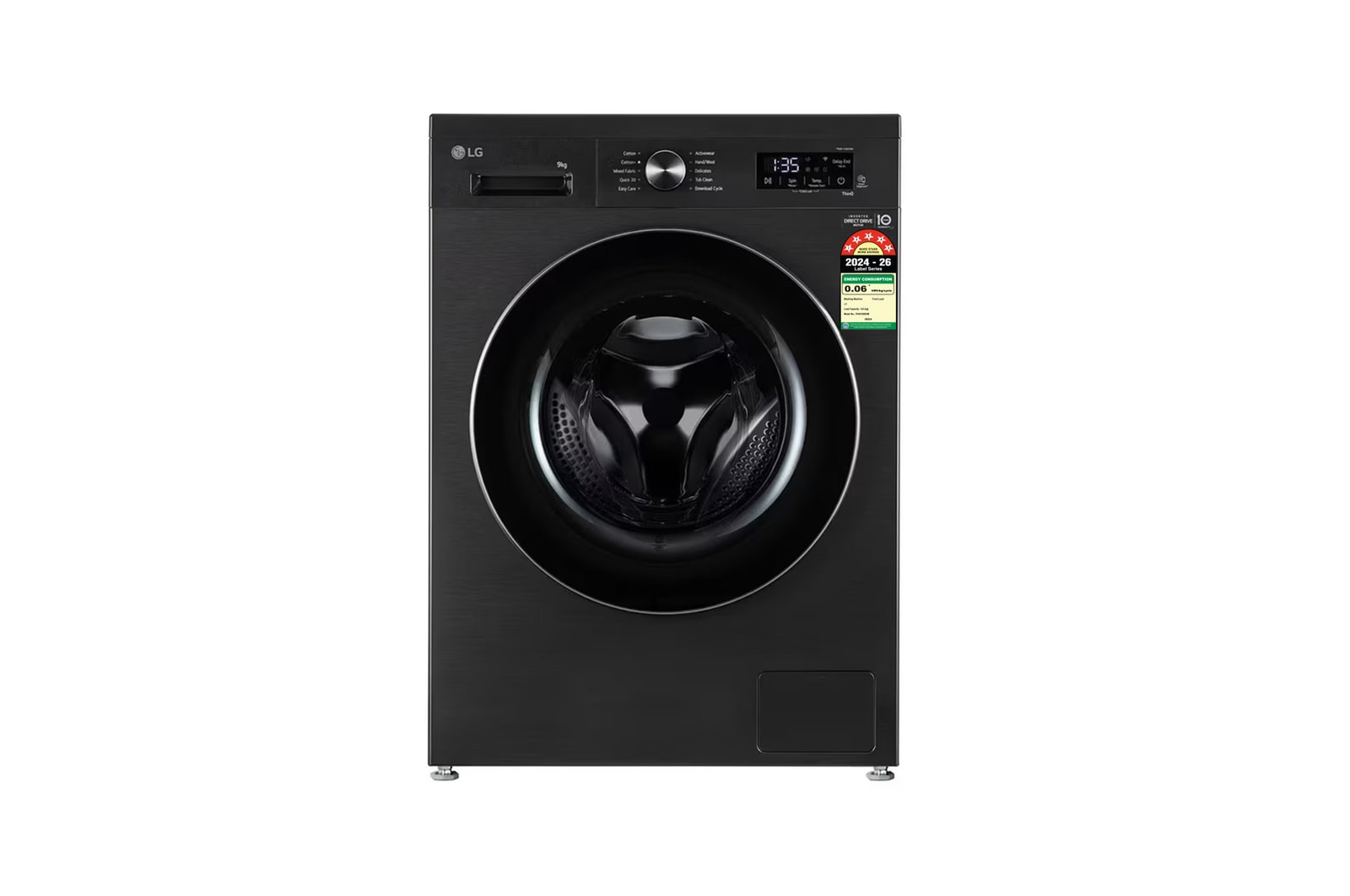 Front view of LG 9Kg Front Load Washing Machine, Inverter Direct Drive™, Platinum Black, 5 Star FHB1209Z4B