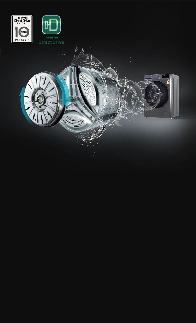 A front-loading washing machine with smart inverter technology, showcasing energy efficiency and quiet operation