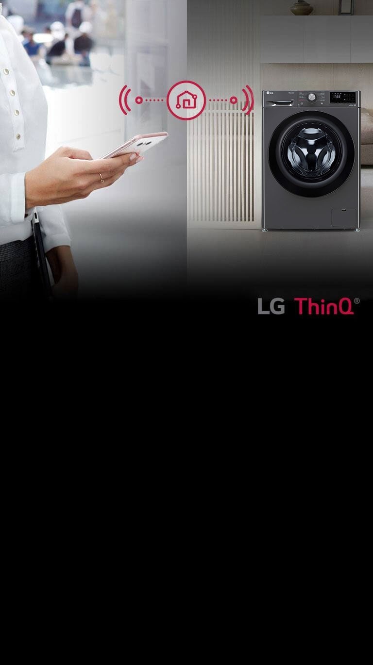 A woman holding a smartphone, connecting with a front-loading washing machine via LG ThinQ technology for smart control.