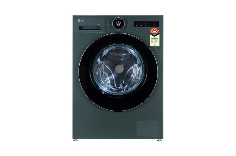Front view of LG 12Kg Front Load Washing Machine, AI Direct Drive 2.0, Digital Dial & ez-Dispense, Ground Green, 5 Star FX1412A9G
