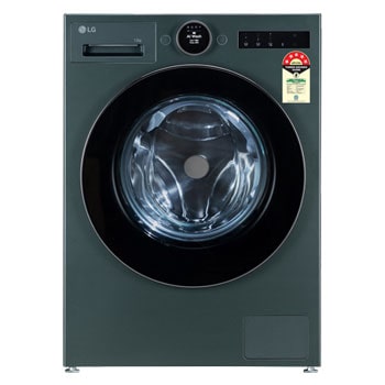 Front view of LG 12Kg Front Load Washing Machine, AI Direct Drive 2.0, Digital Dial & ez-Dispense, Ground Green, 5 Star FX1412A9G