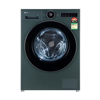Front view of LG 12Kg Front Load Washing Machine, AI Direct Drive 2.0, Digital Dial & ez-Dispense, Ground Green, 5 Star FX1412A9G