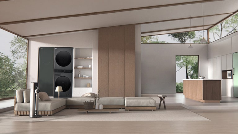 It shows the LG object collection products placed in the living room- styler, refrigerator, wash tower, etc.