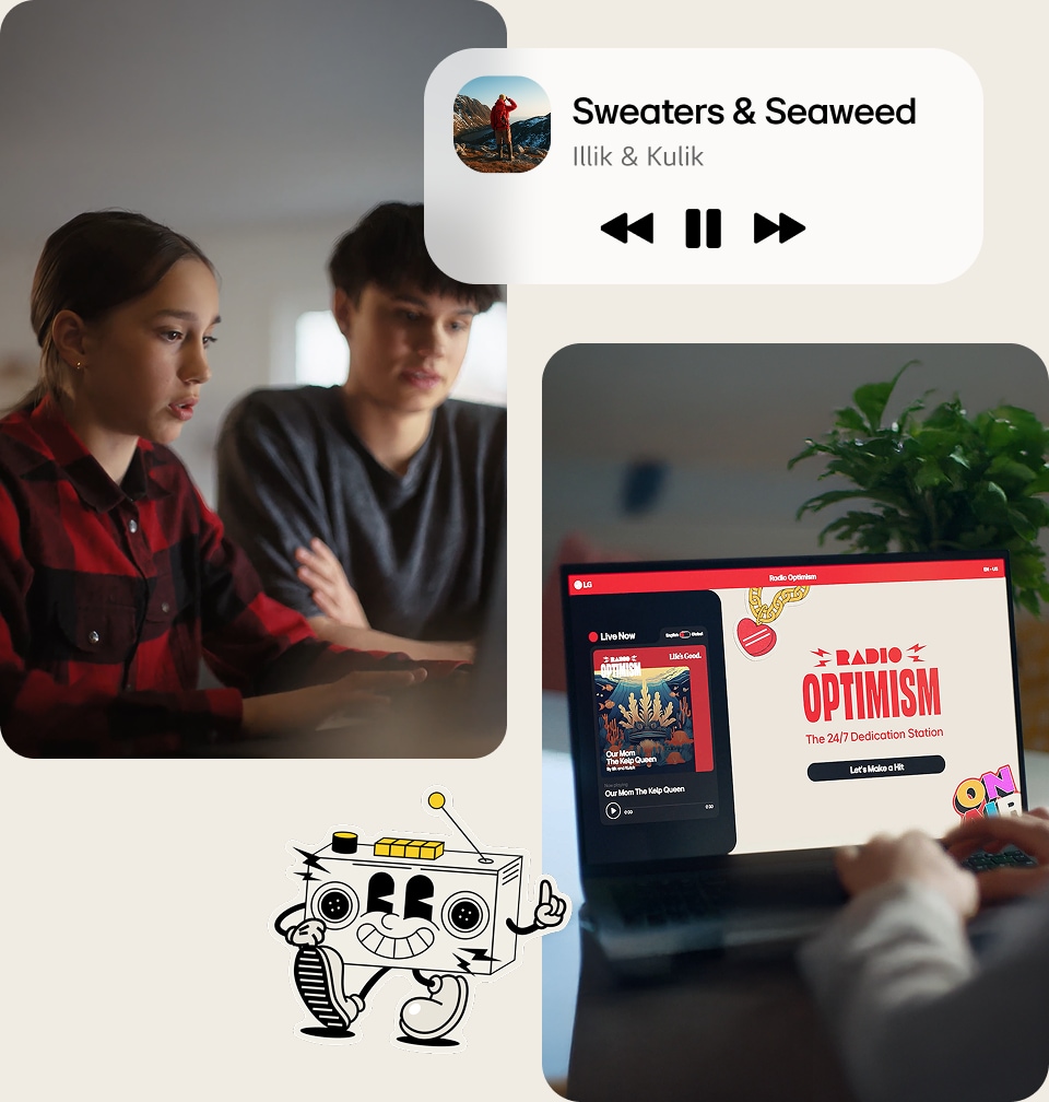 A young man and woman are sitting at a desk, enjoying the Radio Optimism campaign on a laptop.