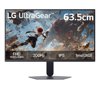 Front view of the LG UltraGear G5 25-inch gaming monitor, featuring an IPS display with FHD (1920×1080) resolution, a 200Hz refresh rate, and a 1ms (GtG) response time, designed for fast performance and smooth gameplay, displaying game imagery.