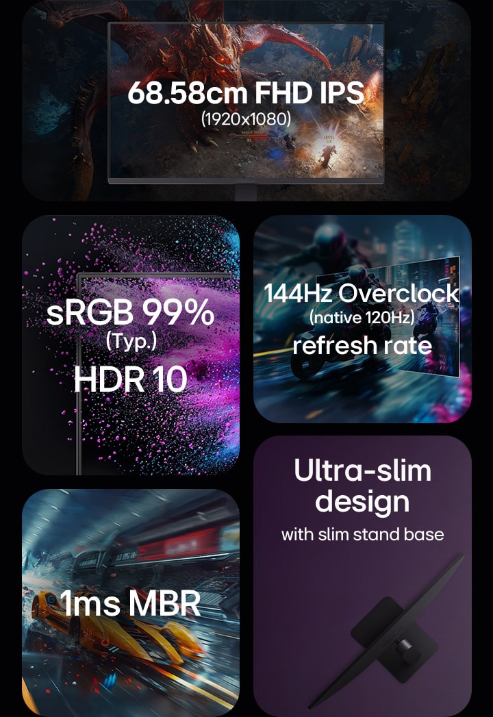 27-inch FHD IPS 1920x1080, sRGB 99%, HDR 10, 144Hz (overclock) (native 120Hz) refresh rate, 1ms MRB, ultra slim design