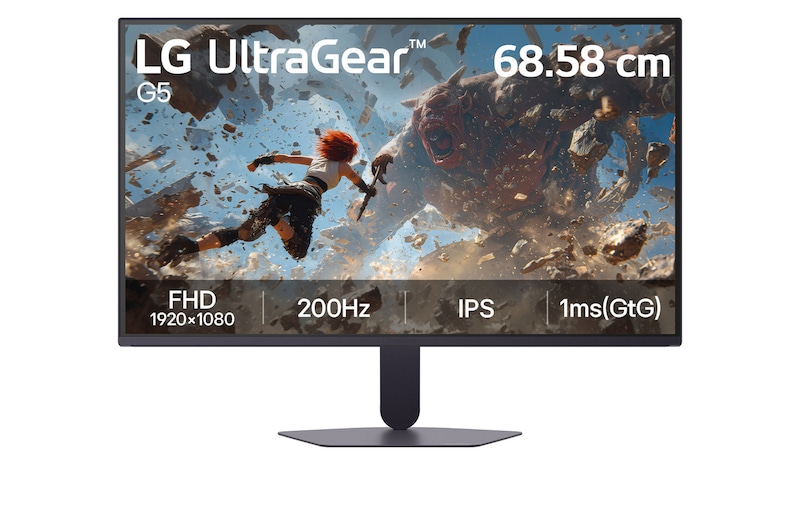 Front view of the LG UltraGear G5 27-inch gaming monitor, featuring an IPS display with FHD (1920×1080) resolution, a 200Hz refresh rate, and a 1ms (GtG) response time, displaying game imagery.