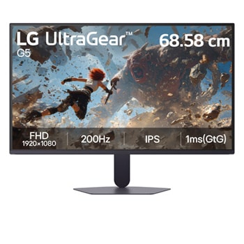 Front view of the LG UltraGear G5 27-inch gaming monitor, featuring an IPS display with FHD (1920×1080) resolution, a 200Hz refresh rate, and a 1ms (GtG) response time, displaying game imagery.