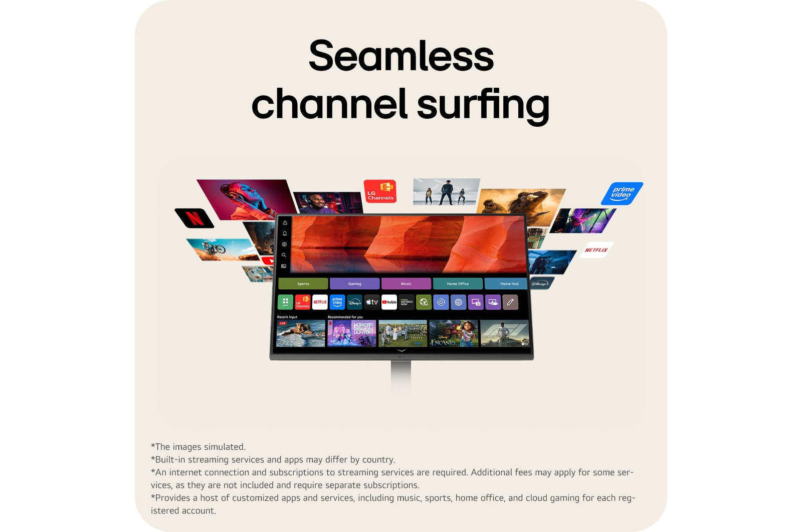 LG Smart Monitor with webOS providing access to built in streaming apps and entertainment content.