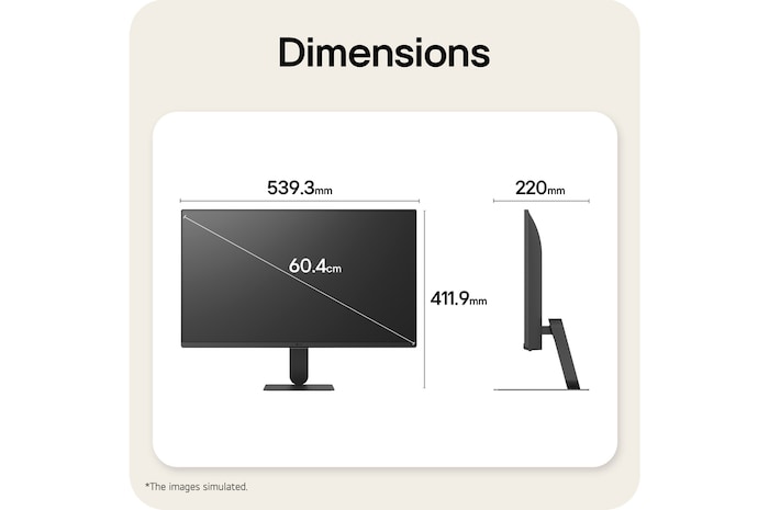 LG Smart Monitor dimensions illustrating overall product size and stand measurements.