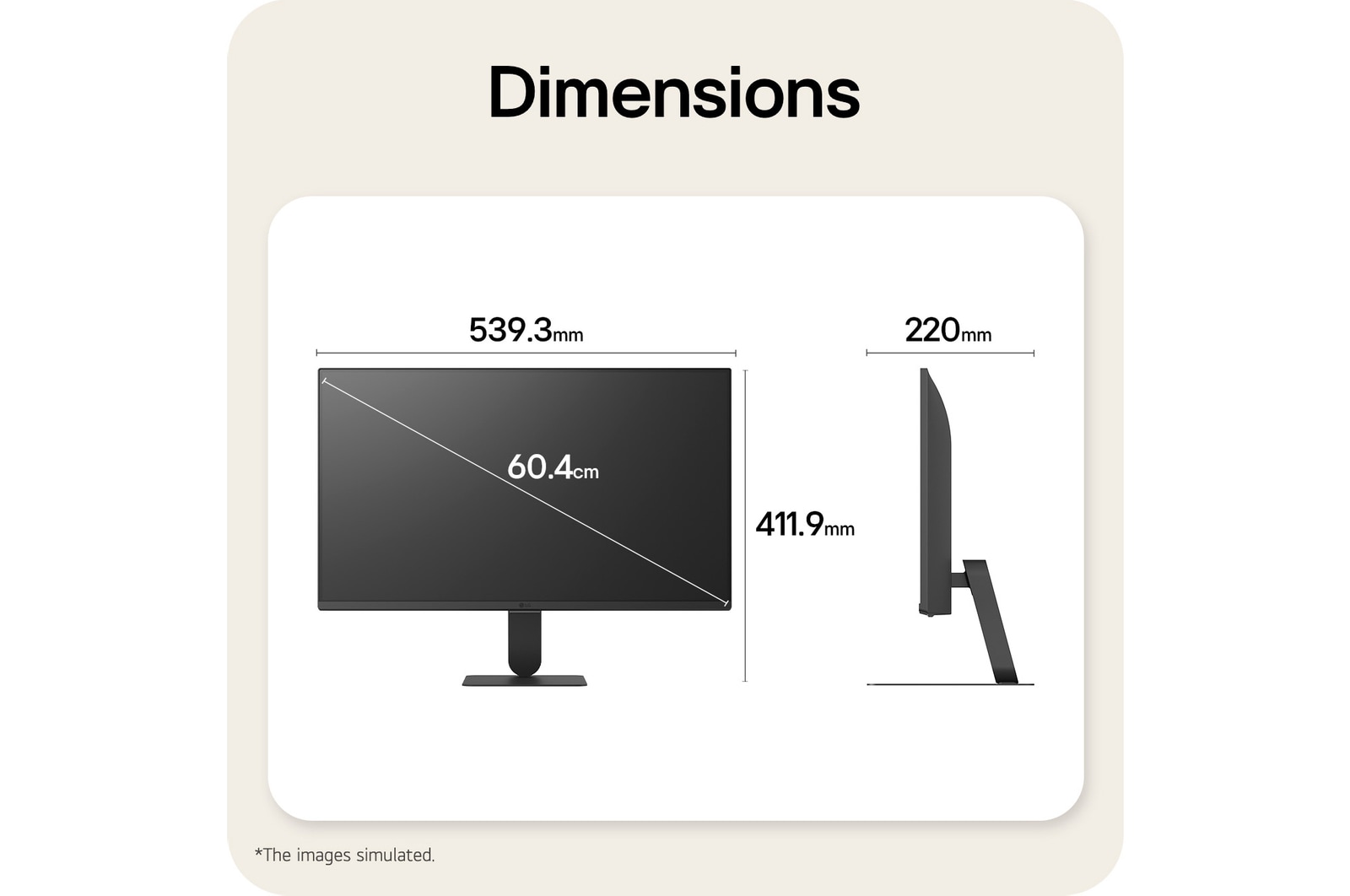 LG Smart Monitor dimensions illustrating overall product size and stand measurements.