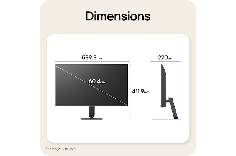 LG Smart Monitor dimensions illustrating overall product size and stand measurements.