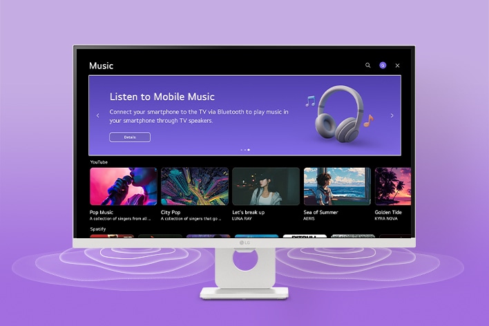 The LG Smart Monitor screen displays the music apps interface.